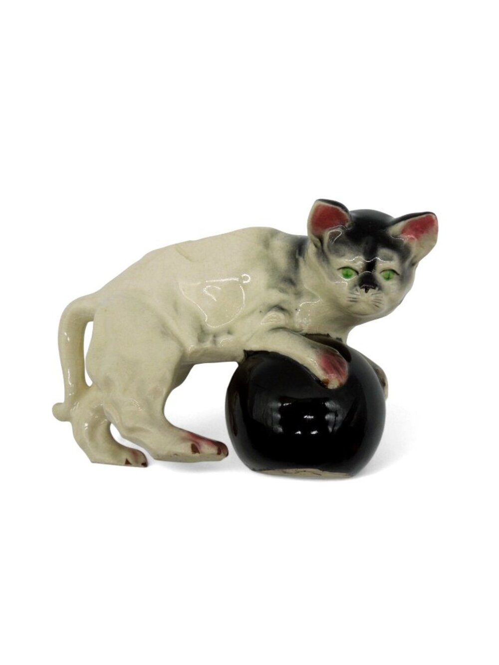 Vintage Small Cat Planter Ceramic Black & White Playing Ball Japan 6"